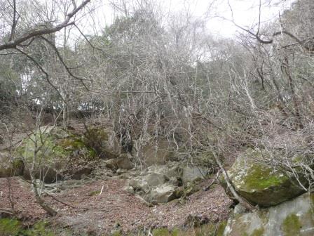 8:43　林道沿いの落石注意の崖、右端の岩は木１本で止まっているようだ