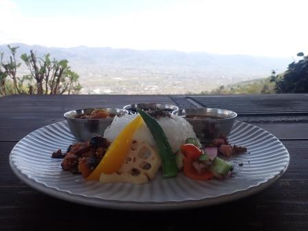 昼食　BBQ CAFE SOLA　二種のカレープレート、眼前は雲のかかった富士山の眺望