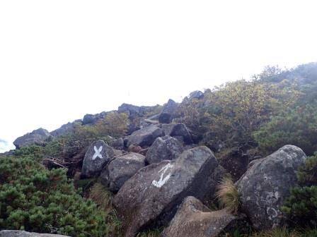 10:08　西尾根の岩のゴロゴロした急登を慎重に降りて行く