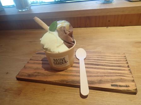 11:42　菓子パンとコーヒーセットのバッグを家に置き忘れたので、四尾連湖畔のNATIVE　GARDENで小腹を満たす、サツマイモのジェラード