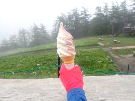10:15　山頂駅の売店でルバーブのミックスソフトを食す、駅広場には小学生の集団、遠足かな