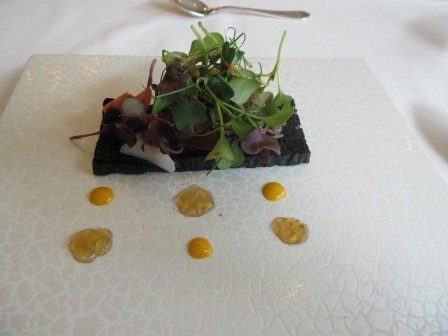 サラダ、炭のパンを添えて